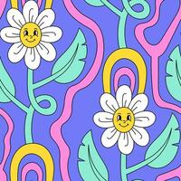 Psychedelic groovy chamomile seamless pattern vector