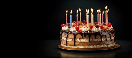 Generative AI, Birthday beautiful cake with fruit and candles, banner for congratulations photo