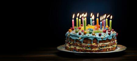 generativo ai, cumpleaños hermosa pastel con Fruta y velas, bandera para Felicidades foto
