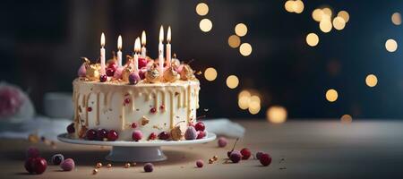 Generative AI, Birthday beautiful cake with fruit and candles, banner for congratulations photo