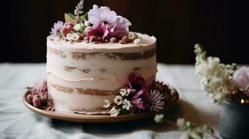 Generative AI, Birthday beautiful cake with flowers and candles, aesthetic muted colors photo