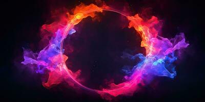 AI Generated. AI Generative. Round circle neon glowing color smoke mystic element. Graphic Art photo
