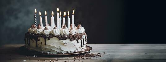 Generative AI, Birthday beautiful cake with flowers and candles, aesthetic muted colors photo