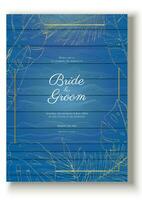 Tropical leaves sketch outline on blue wood texture wedding invitation vector