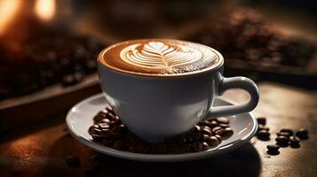 Generative AI, hot cappuccino with latte art on wooden table with coffee beans photo