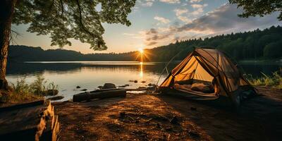 ai generado. ai generativo. cámping relajación hora tienda a lago hermosa paisaje antecedentes. aventuras vacaciones canotaje tiempo. gráfico Arte foto