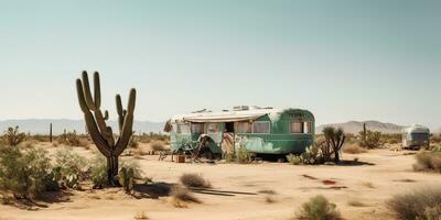 ai generado. ai generativo. antiguo metal rústico abandonado Clásico camper rv coche casa en desierto. aventuras antecedentes estilo de vida. gráfico Arte foto