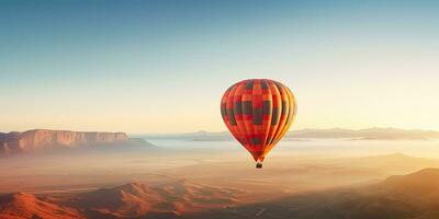 AI Generated. AI Generative. Hot air balloon scenic view at nature outdoor beautiful sand mountain river landscape. Graphic Art photo