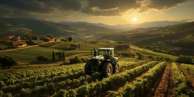 ai generado. ai generativo. tractor combinar máquina en campo prado cosecha agricultura campo naturaleza exterior. gráfico Arte foto