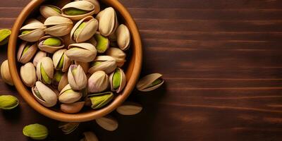 AI Generated. AI Generative. pistachio  nuts in bowl in wooden table. Healthy vegan organic food. Graphic Art photo