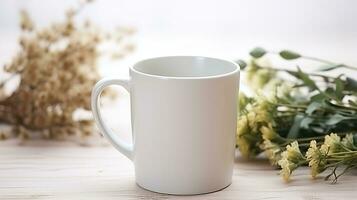 Generative AI, White ceramic cup set-up in at home interior, mug mock up blank, muted neutral colors. photo