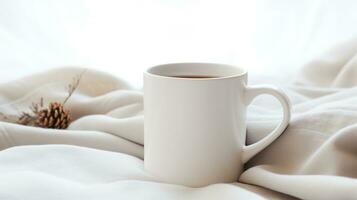 Generative AI, White ceramic cup set-up in at home interior, mug mock up blank, muted neutral colors. photo