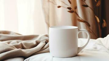 Generative AI, White ceramic cup set-up in at home interior, mug mock up blank, muted neutral colors. photo