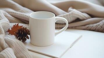 Generative AI, White ceramic cup set-up in at home interior, mug mock up blank, muted neutral colors. photo