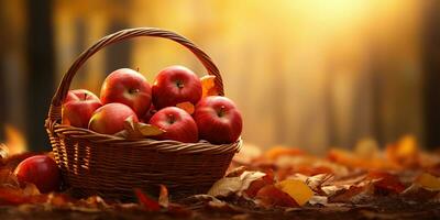 AI Generated. AI Generative. Autumn fall fresh organic red apples in wooden basket. Graphic Art photo