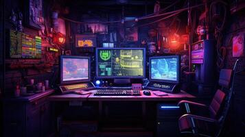 generativo ai, computadora en el mesa en cyberpunk estilo, nostálgico años 80, años 90 neón noche luces vibrante colores, fotorrealista horizontal ilustración de el futurista interior. tecnología concepto. foto