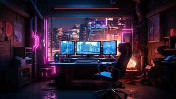 Generative AI, Computer on the table in cyberpunk style, nostalgic 80s, 90s. Neon night lights vibrant colors, photorealistic horizontal illustration of the futuristic interior. Technology concept. photo