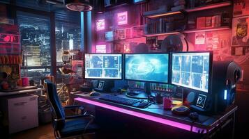 Generative AI, Computer on the table in cyberpunk style, nostalgic 80s, 90s. Neon night lights vibrant colors, photorealistic horizontal illustration of the futuristic interior. Technology concept. photo