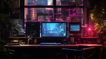 Generative AI, Computer on the table in cyberpunk style, nostalgic 80s, 90s. Neon night lights vibrant colors, photorealistic horizontal illustration of the futuristic interior. Technology concept. photo