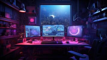 Generative AI, Computer on the table in cyberpunk style, nostalgic 80s, 90s. Neon night lights vibrant colors, photorealistic horizontal illustration of the futuristic interior. Technology concept. photo