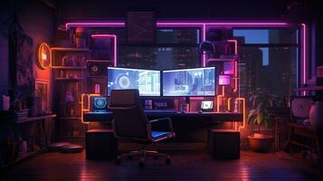 Generative AI, Computer on the table in cyberpunk style, nostalgic 80s, 90s. Neon night lights vibrant colors, photorealistic horizontal illustration of the futuristic interior. Technology concept. photo