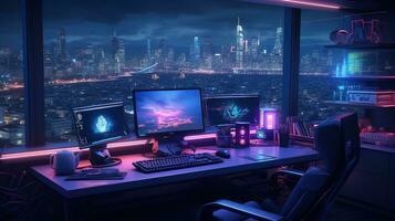 Generative AI, Computer on the table in cyberpunk style, nostalgic 80s, 90s. Neon night lights vibrant colors, photorealistic horizontal illustration of the futuristic interior. Technology concept. photo