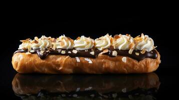 Generative AI, Chocolate eclairs side view, sweet food. Traditional french dessert photo