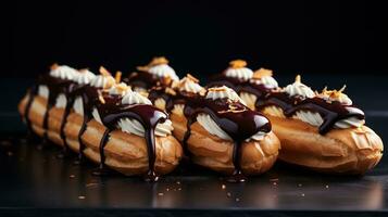 Generative AI, Chocolate eclairs side view, sweet food. Traditional french dessert photo