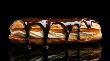 Generative AI, Chocolate eclairs side view, sweet food. Traditional french dessert photo