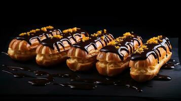 Generative AI, Chocolate eclairs side view, sweet food. Traditional french dessert photo