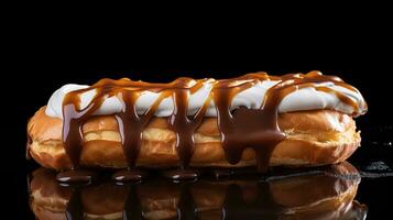 Generative AI, Chocolate eclairs side view, sweet food. Traditional french dessert photo