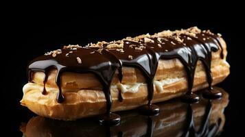 Generative AI, Chocolate eclairs side view, sweet food. Traditional french dessert photo