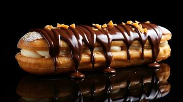 Generative AI, Chocolate eclairs side view, sweet food. Traditional french dessert photo