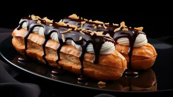 Generative AI, Chocolate eclairs side view, sweet food. Traditional french dessert photo