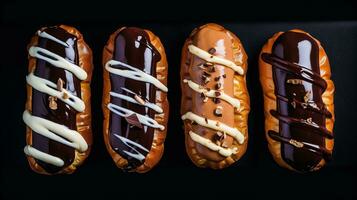 Generative AI, Assortment of eclairs, top view, sweet food. Traditional french dessert photo