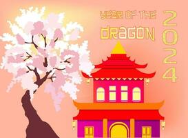 Vector image an oriental house, with red curved roof, Chinese pagoda near a cherry blossom tree. Buddhism, Japan and Korea. Oriental traditions, Colorful poster for the new year.