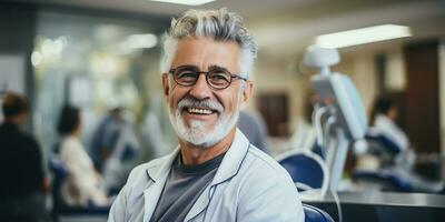 ai generado. ai generativo. adulto masculino hombre médico dentista cara retrato a trabajo lugar. salud cuidado hospital centro. gráfico Arte foto