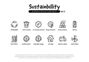 doodle icon pack of sustainability, renewable green energy and ecology hand drawn line icons vector