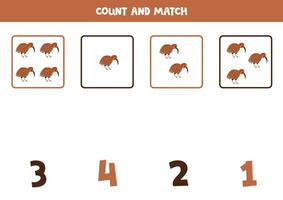 Counting game for kids. Count all kiwi birds and match with numbers. Worksheet for children. vector