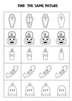 Find two the same Halloween pictures. Black and white worksheet. vector