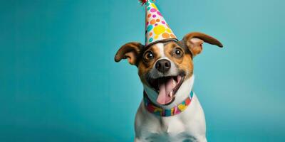 AI Generated. AI Generative. Cute funny dog pet in birthday party hat celebration. Graphic Art photo