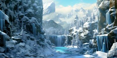 AI Generated. AI Generative. Winter snow ice nature outdoor frozen waterfall landscape background. Graphic Art photo