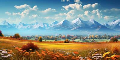 AI Generated. AI Generative. Nature outdoor fall autumn landscape background with mountains and field forest. Graphic Art photo