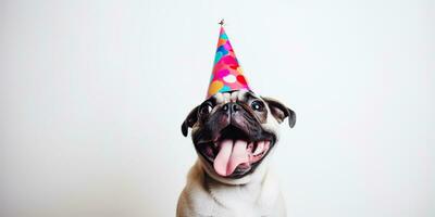 AI Generated. AI Generative. Cute funny dog pet in birthday party hat celebration. Graphic Art photo