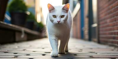 ai generado. ai generativo. uno solitario gato mascota caminando calle ciudad urbano antecedentes. gráfico Arte foto