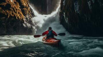 generativo ai, kayac balsa río cascada, extremo deporte concepto, agua Blanca kayak foto