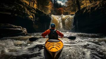 generativo ai, kayac balsa río cascada, extremo deporte concepto, agua Blanca kayak foto