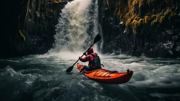 generativo ai, kayac balsa río cascada, extremo deporte concepto, agua Blanca kayak foto