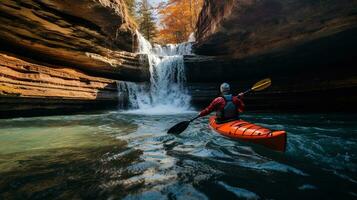 Generative AI, kayak raft river waterfall, extreme sport concept, whitewater kayaking photo