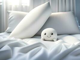 pillow with cute white bear on bed. 3d illustration photo